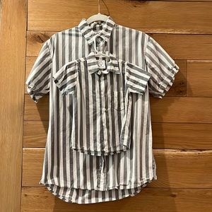 Father and son matching shirts.